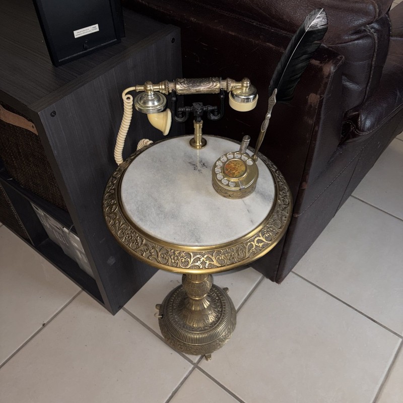 Vintage Brass French Style Telephone Table with Marble Top
