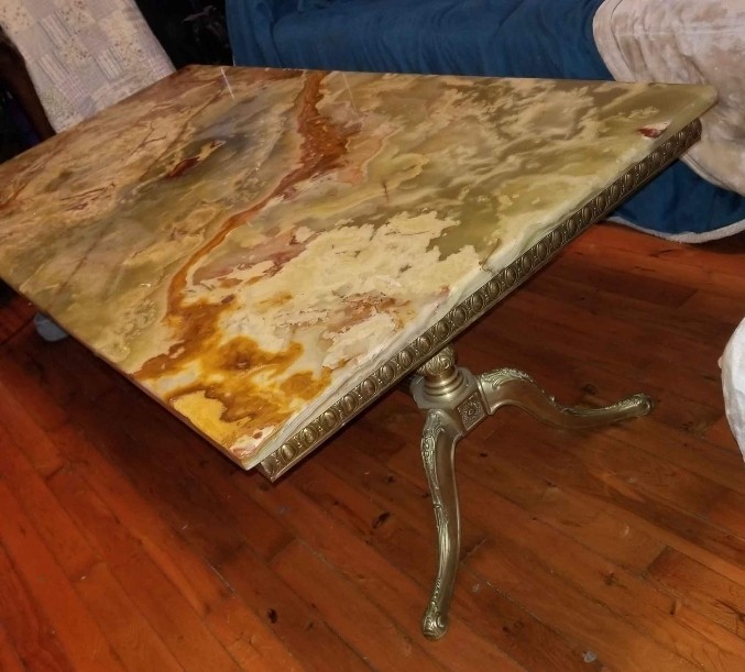 Vintage Italian Coffee Cocktail Table Huge slab of Green Onyx Metal & Brass base