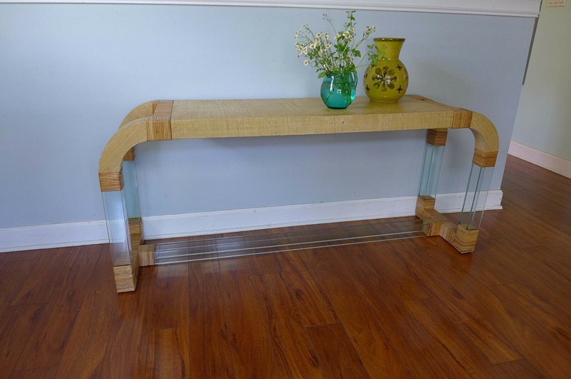 Waterfall Console Table Hollywood Regency Rattan Grasscloth and Glass Vintage gallery