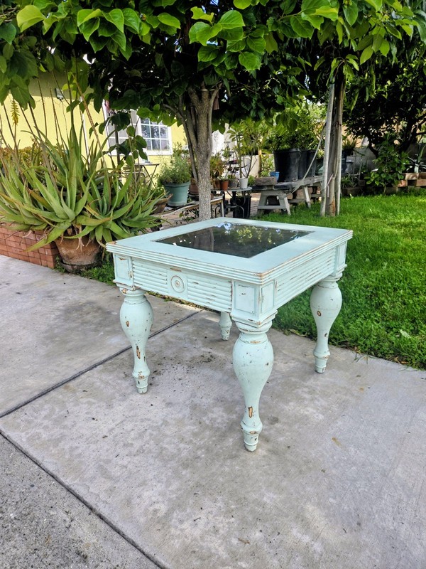 Vintage Rustic Style Chic Light Blue Side Table W/Glass Top gallery