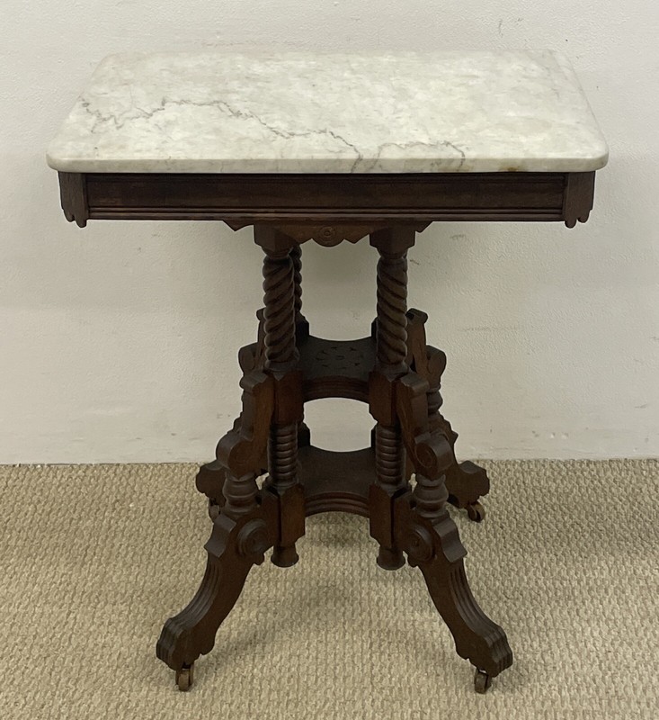 Victorian Walnut Marble Top Lamp Table 30 1/2” X 18” X 26”
