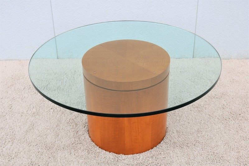 Mid-Century Modern Style 39 in Round Clear Glass Top Drum Wood Base Coffee Table gallery