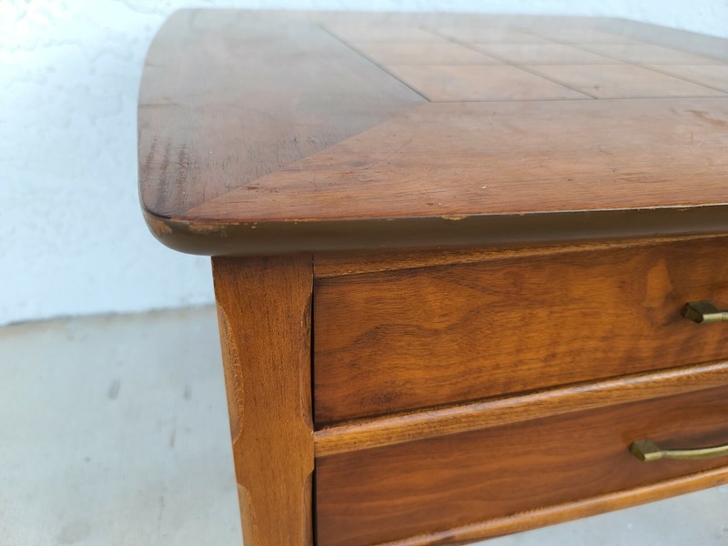 Vintage Mid Century LANE MCM Walnut and Burl Side End Table 2 Drawers 1923 gallery