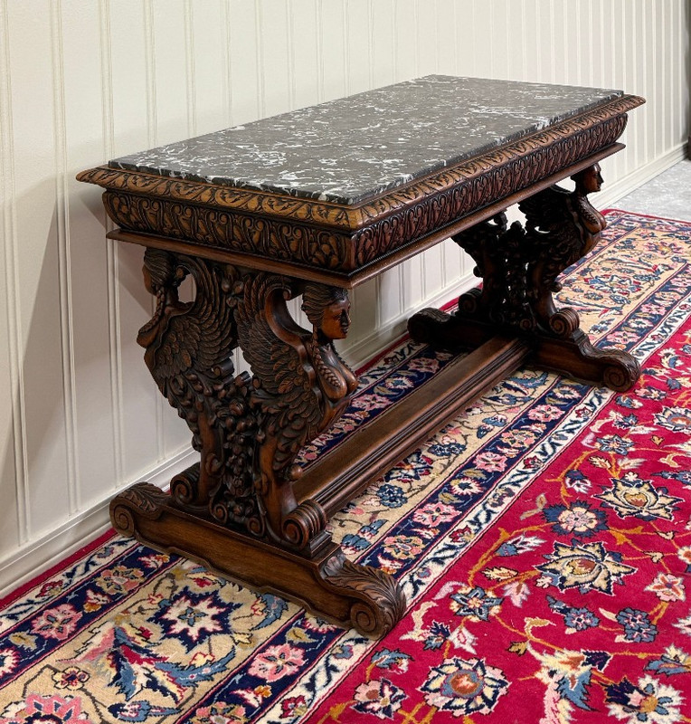 Antique French Coffee Table Bench Window Seat Marble Top Oak Renaissance Revival gallery