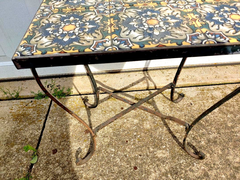 WONDERFUL CALIFORNIA? ARTS & CRAFTS TILE TOP TABLE, PLANT STAND WITH IRON BASE.. gallery