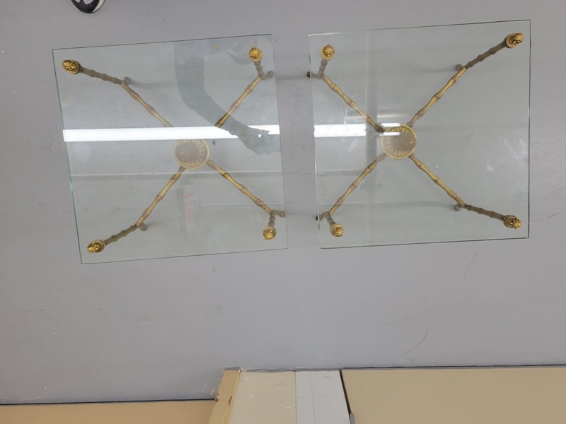 Pair Square Glass , Bronze Bagues Style Faux Bamboo table 1960 gallery