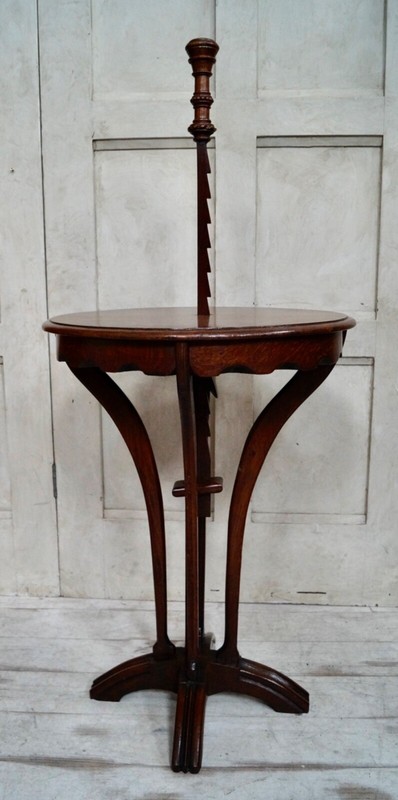 Antique Oak Adjustable Ratchet Candle Stand Table