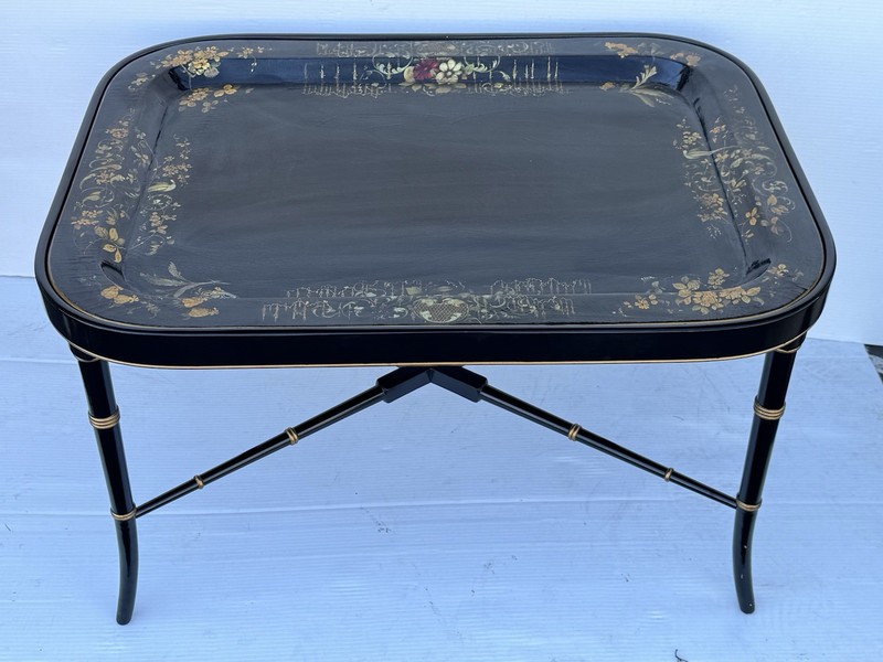 Maitland Smith Chinoiserie Removable Serving Tray Table Gold & Black gallery