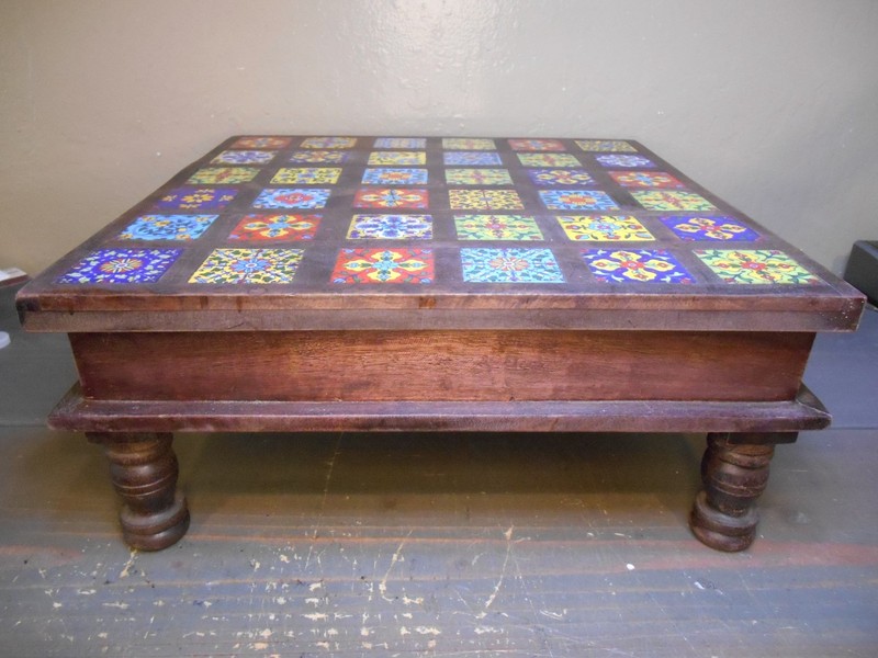 Wooden Chowki Handmade Table Top Riser Monterrey Style Colored Tiles. 15"x15" gallery