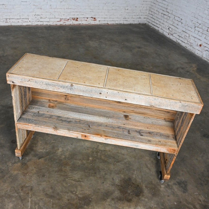 Rustic Distressed Wood Ceramic Top Bookshelf Console Table or Rolling Bar gallery