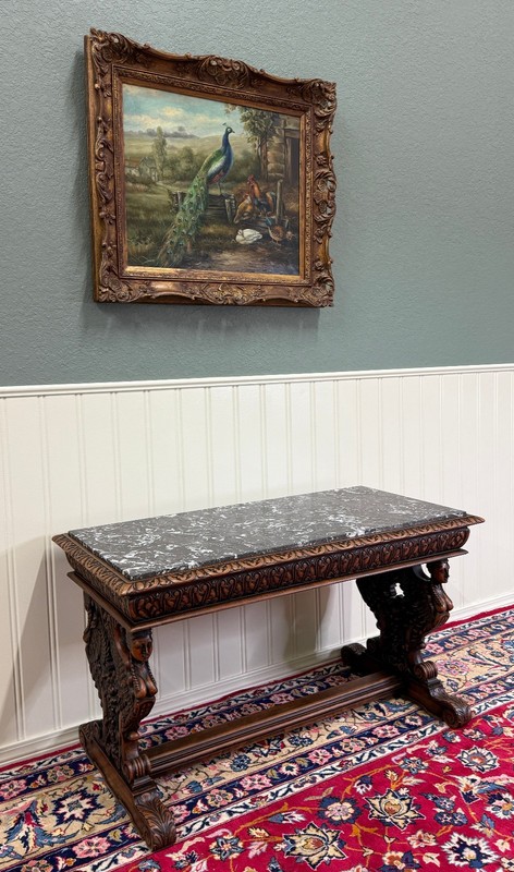 Antique French Coffee Table Bench Window Seat Marble Top Oak Renaissance Revival gallery