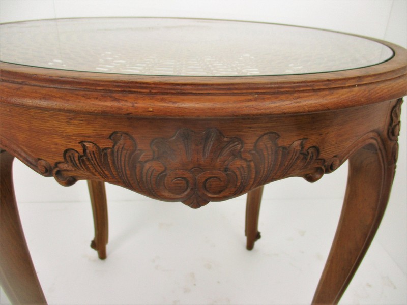 RESERVED ADA Vintage Round Hand Carved Wooden Oak Rattan Coffee Side Table Louis gallery