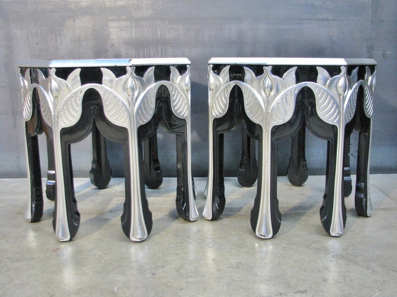 PAIR High-End Interior Crafts Octagonal Black Lacquer & Silver Leaf End Tables gallery