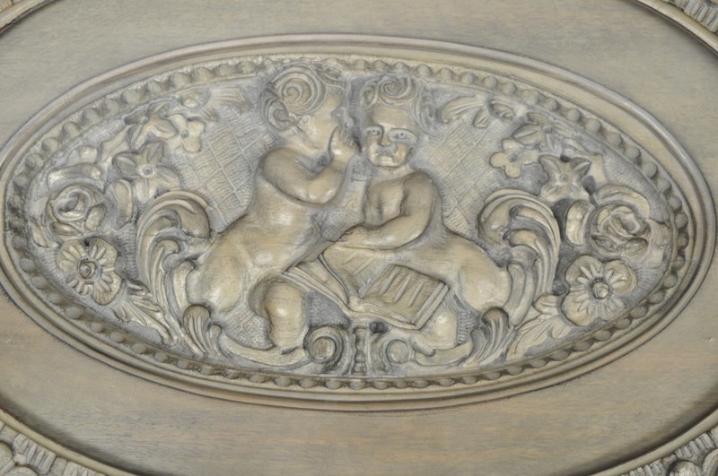 Vintage French Renaissance Walnut Gray Distress Painted Cherub Coffee Table gallery
