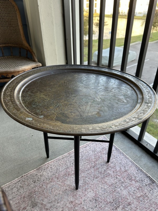 Vintage Brass Tray Table with Hand-Engraved Design & Black Wooden Legs –Moroccan gallery