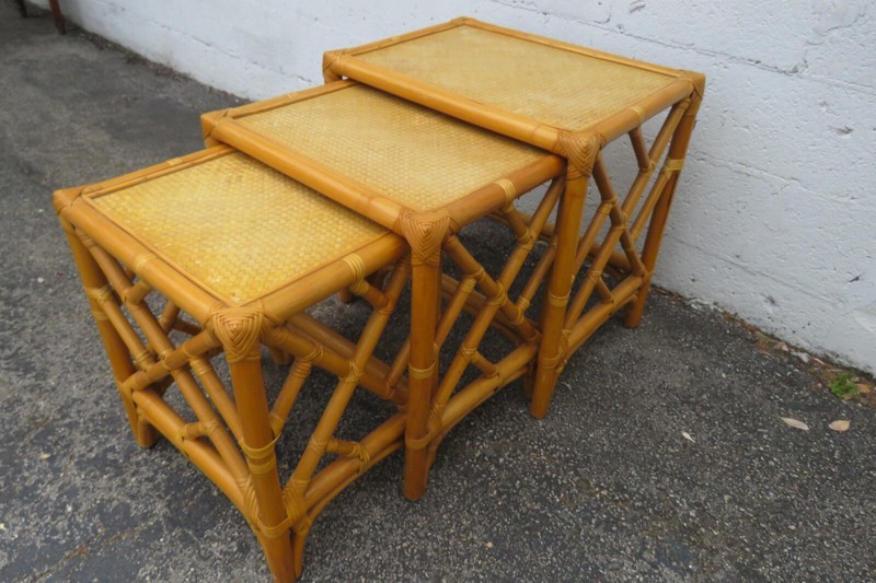Hollywood Regency Bamboo Rattan Nesting Tables Set of Three 5880 gallery