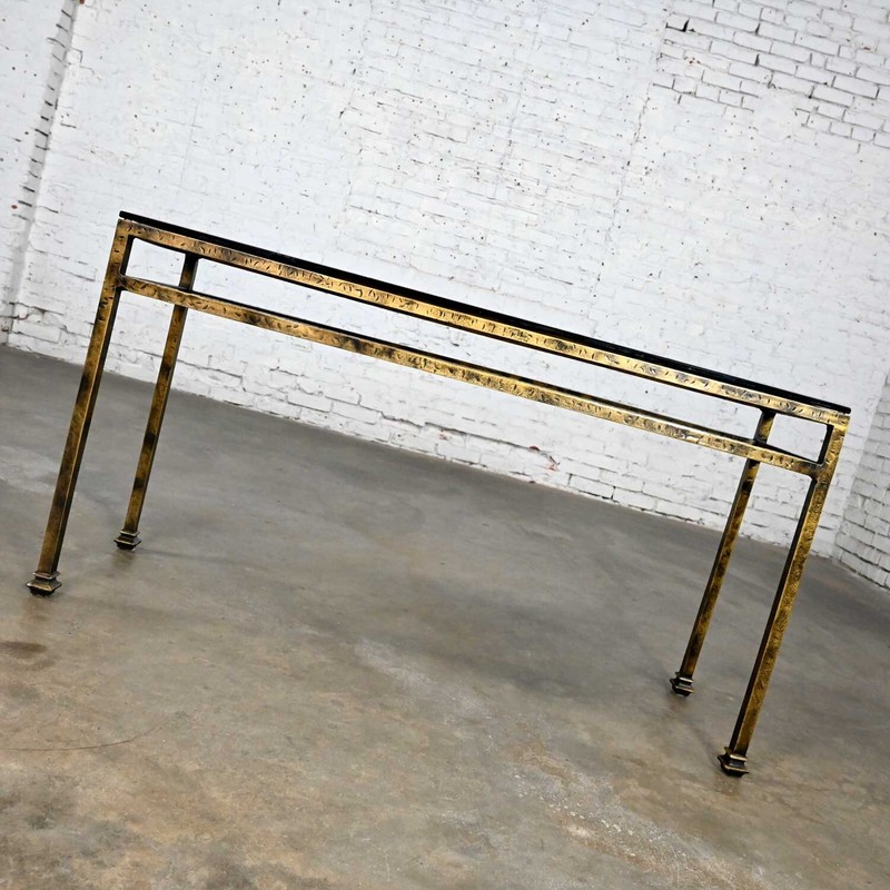 Modern Iron Console Sofa Table Gold Hammered Look & Smoked & Beveled Glass Top gallery