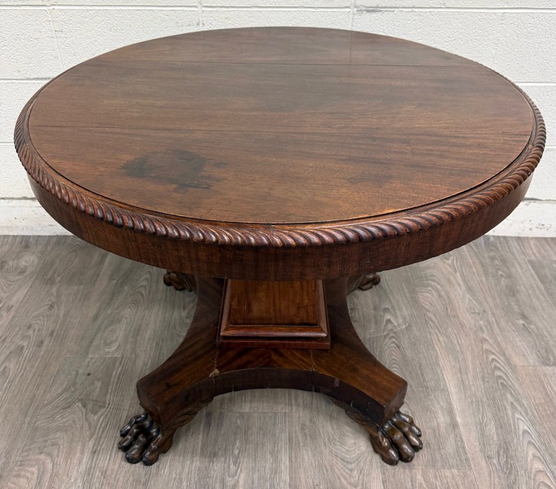 Antique American Empire Carved Mahogany Lion Paw Feet Pedestal Center Table