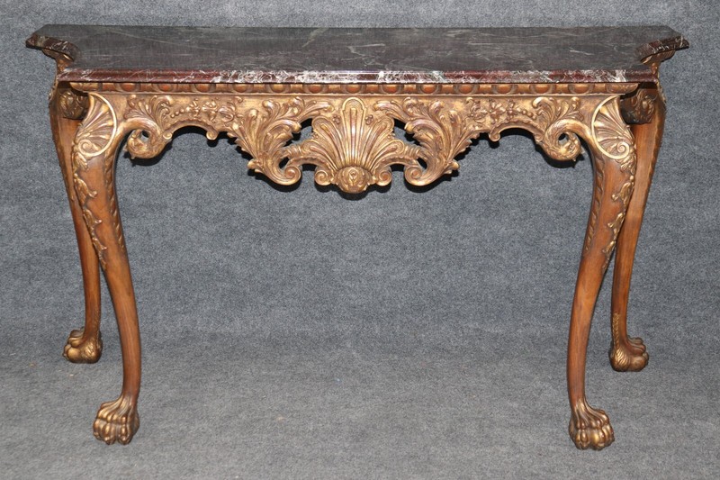 Fine and Rare Pair Carved Walnut English Georgian Giltwood Console Tables gallery