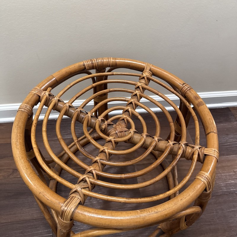 Vintage Bamboo Rattan Round Side Table Mid Century Ottoman MCM gallery