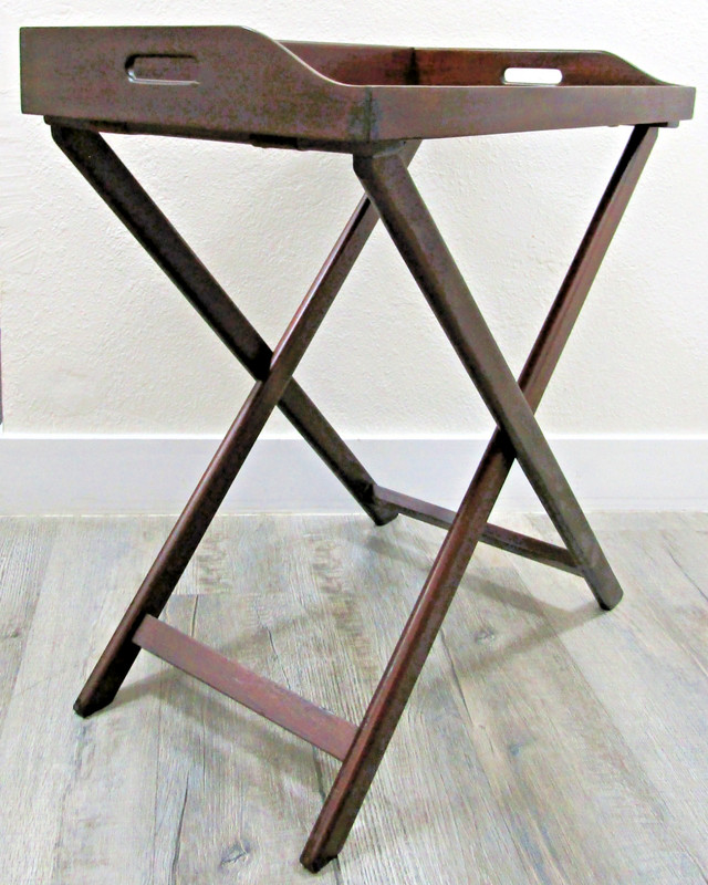 Mid 20th Century Vintage English Butler's Mahogany Tray Table With Folding Stand gallery