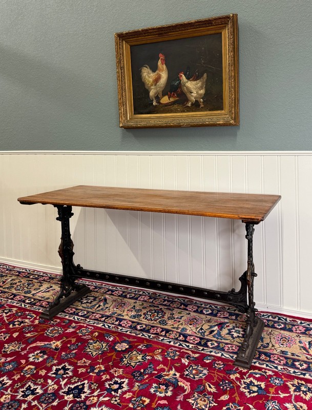 Antique English Bakers Table Sofa Entry Hall Kitchen Island with Cast Iron Base gallery
