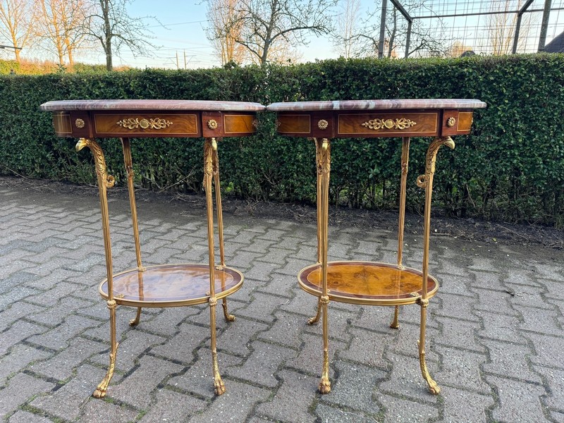 Tables French Louis XVI Mahogany Bronze Marble Oval Side Pair 1980