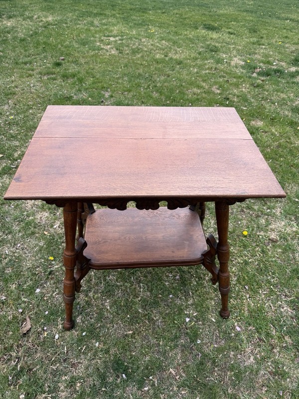 Antique Victorian 2-Tier Parlor Table ~ Nice Carved Oak Wood Apron & Brackets gallery