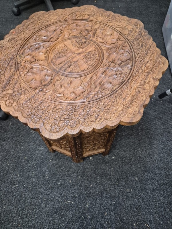 Vintage Indian Hand Carved Octagonal Side Table 19"H×19"W Go gallery