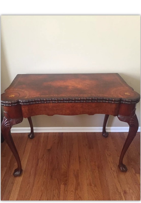 Fine Vintage Queen Anne Style Leather Top Table w/ Claw Foot Ball Legs W 40”