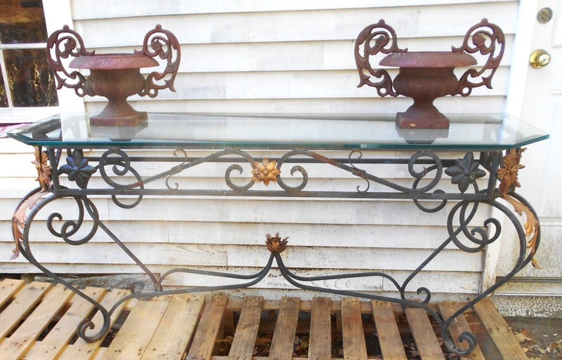 VINTAGE HAND MADE WROUGHT IRON CONSOLE TABLE WITH GLASS TOP shipping available gallery