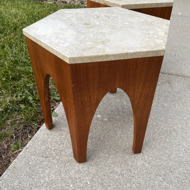 VINTAGE Harvey Probber Hexagon Travertine Marble Side Tables Pair Mid Century gallery