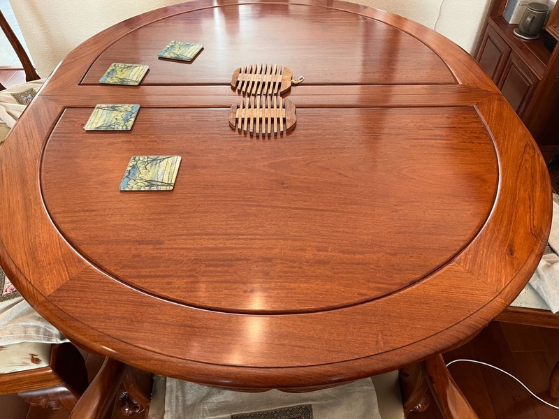 solid wood dining table (with extensions) and 5 chairs