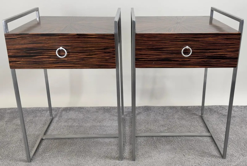 Mid-Century Modern Macassar Zebra Design & Iron Nightstand or End Table, a Pair gallery