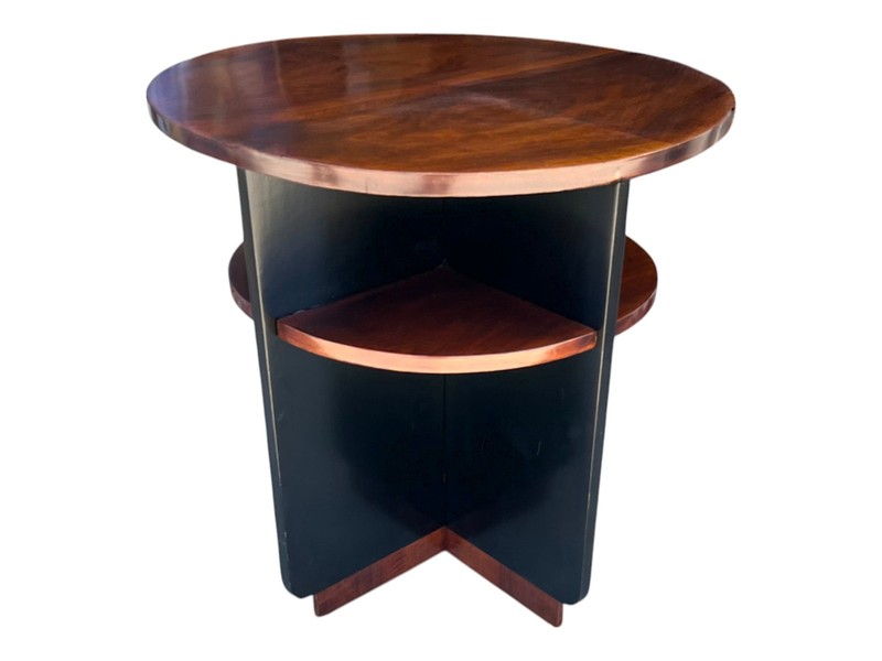 Vintage Art Deco Streamline Modern Walnut Round Side / Accent Table With Shelvin