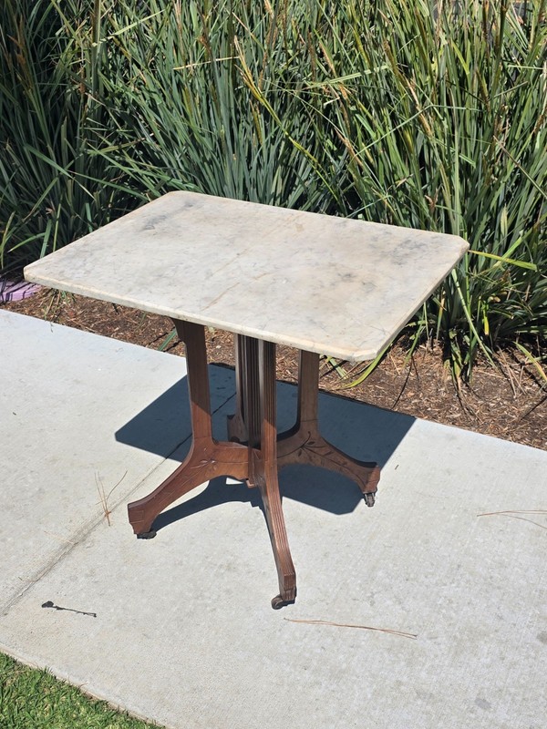 Antique Eastlake Marble Top Side Table Walnut Wood Victorian 19th C Lamp Stand gallery