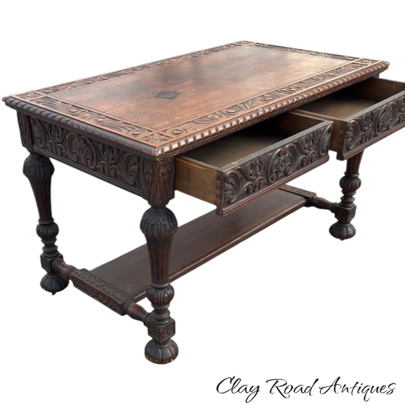Antique victorian Black Forest heavily carved center table Oak library horner gallery