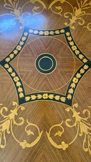 French Inlay Round Coffee Table with Brass Apron 6349 gallery