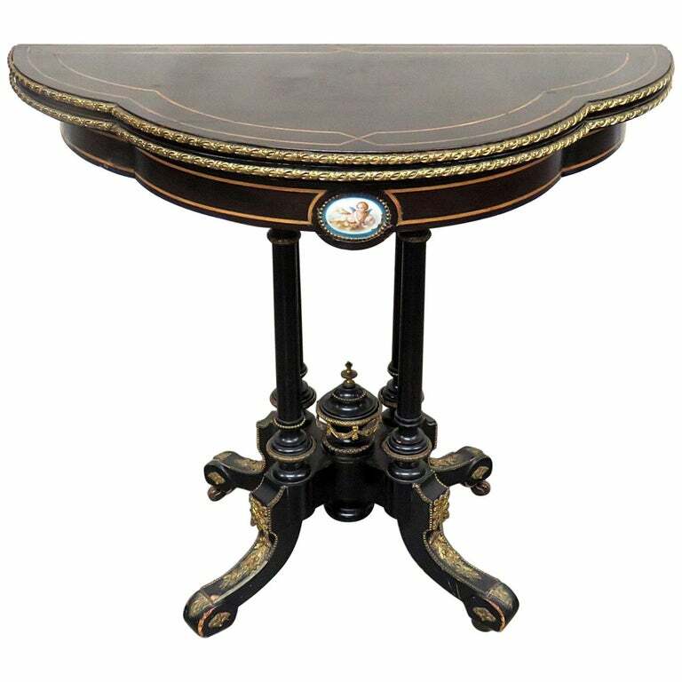 Stunning! French Bronze Ormolu Ebonized Sevres Plaque Leather Console Card Table
