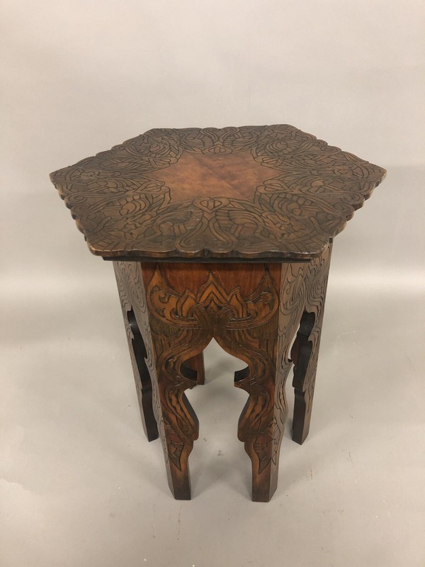 Antique Mahogany Stained Carved W/Faces Plant Table 21” X 15”
