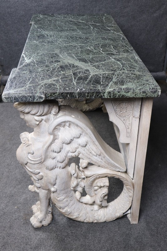 Stunning Monumental Figural Female Sphinx Carved Base Verdi Marble Console Table gallery