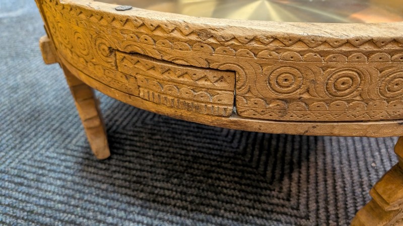 Tribal Indian Teak Chakki Grinding Table with Geometric Motifs and Glass top gallery