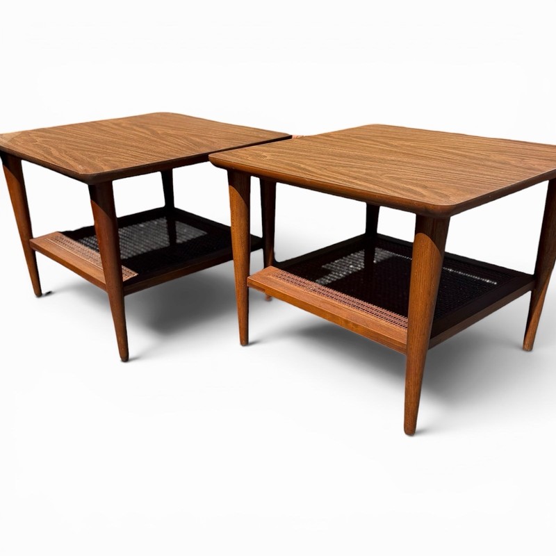 Pair Vintage Lane Mid Century Modern Walnut Formica Cane End Tables 1038-18 MCM gallery