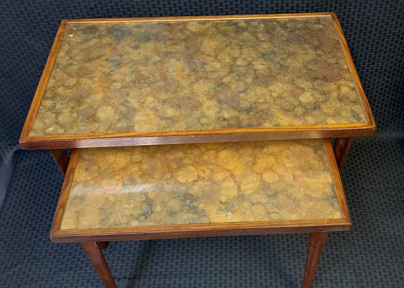 MCM Hollywood Regency Gold Agate Laminate top wood stacking tables Vintage RARE gallery