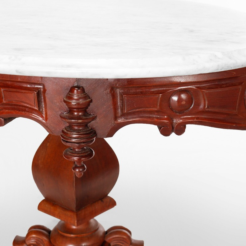 Antique Renaissance Revival Figural Carved Oval Marble Top Parlor Table, c1880 gallery