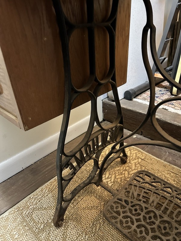 Vintage New Home Treadle Sewing Machine Desk Solid Wood Cast Iron Base gallery
