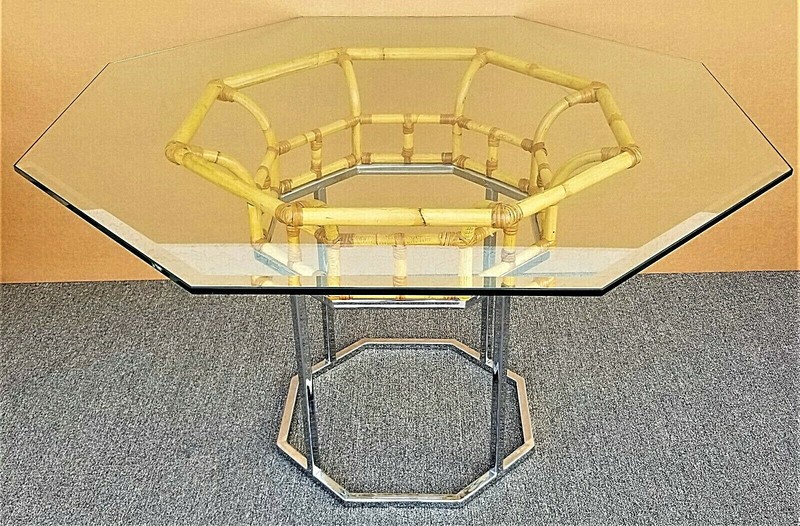 Vintage MCM Milo Baughman Style Chrome Bamboo Rattan Glass Dining Gaming Table gallery