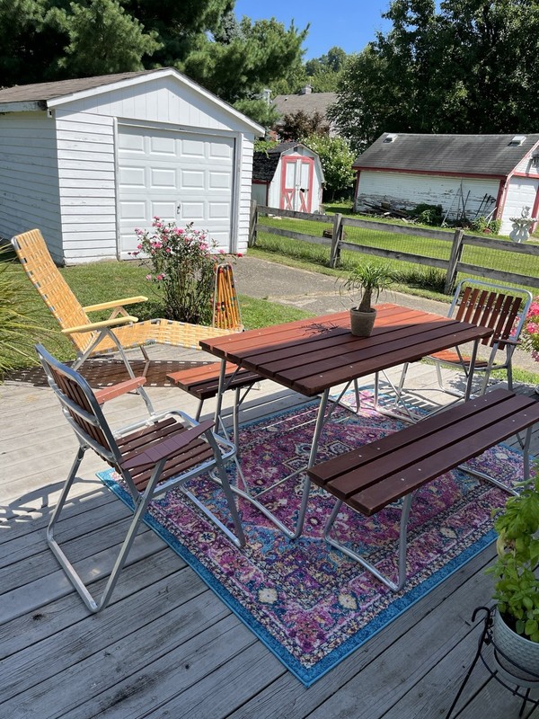 1960s Vintage Wood & Aluminum Picnic Table With 2 Benches & 2 Chairs gallery