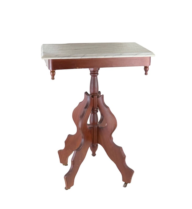 Victorian Eastlake Style Walnut Side Table with White Marble Top gallery