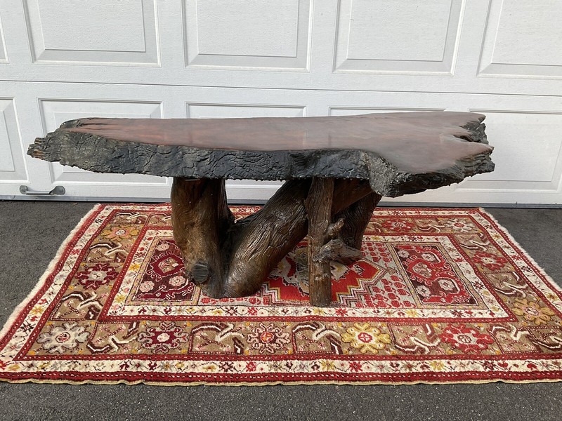 Rustic Handcrafted Free Form Live Edge Slab Redwood Large Coffee Table gallery